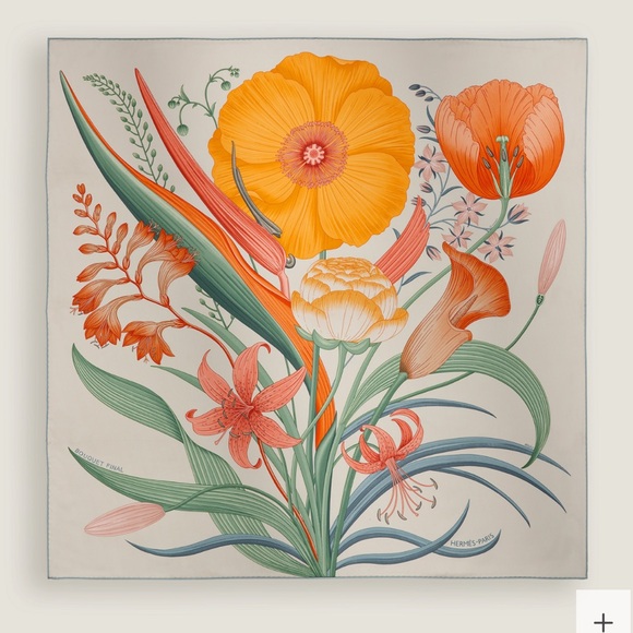 HERMES BOUQUET FINAL SILK TWILL SCARF 90 Gris Cendre / Orange / Vert - Picture 8 of 10